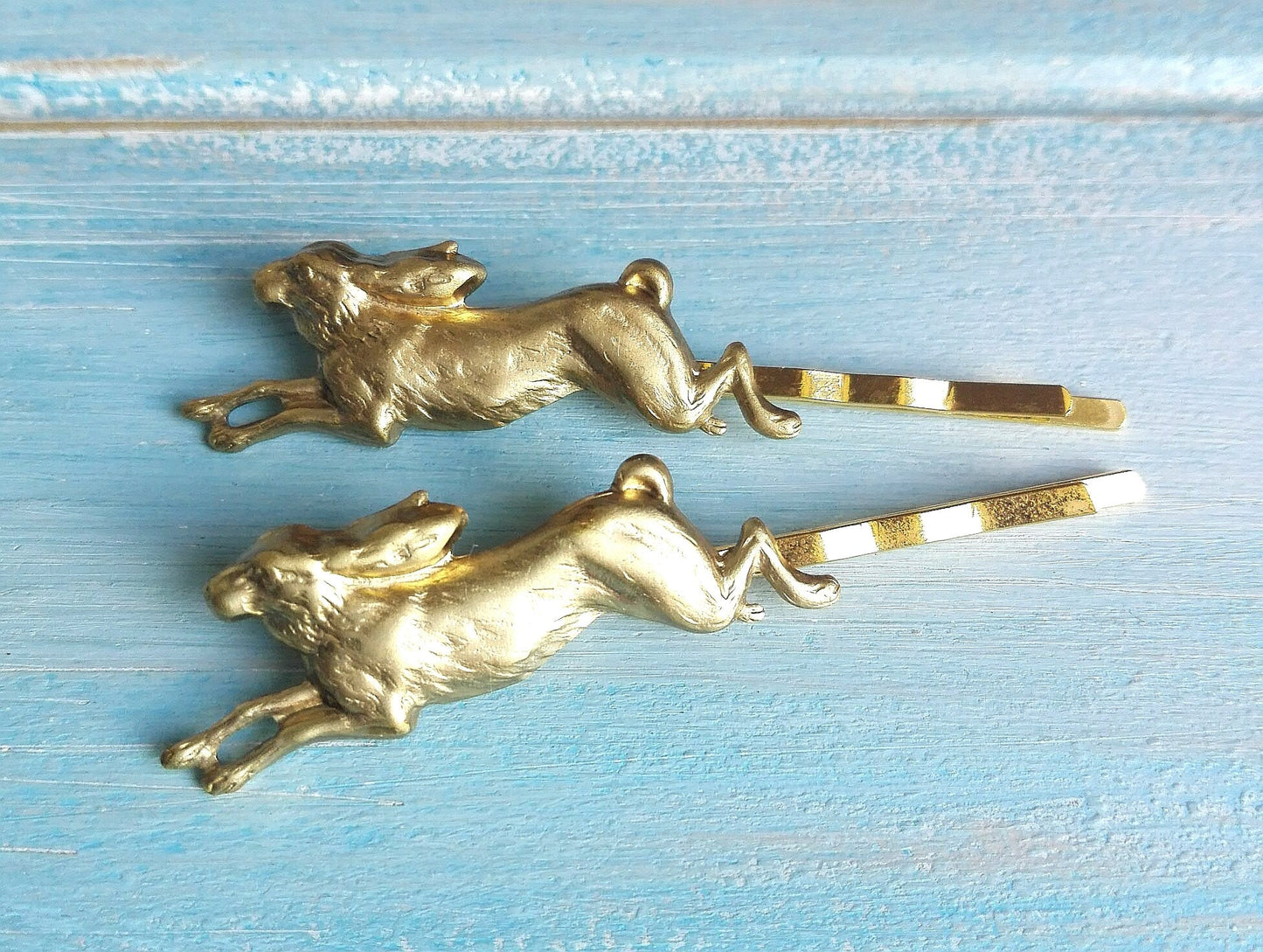 Rabbit Set of Two Hair Pin Gold/Rabbit Bobby Pin/Running Rabbit Hair Pin/Gold Rabbit Hair Clip/Nature Hair Clip/Gold Rabbit Bobby Pin