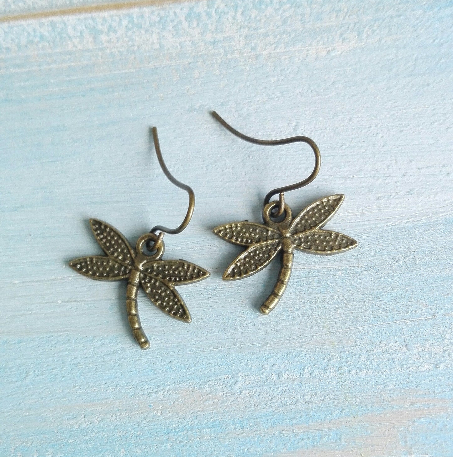 Antique Bronze Dragonfly Charm Pendant On Antique Bronze Brass Small Earring Hooks/Dangle Earrings/Dragonfly Earrings/Woodland Earrings