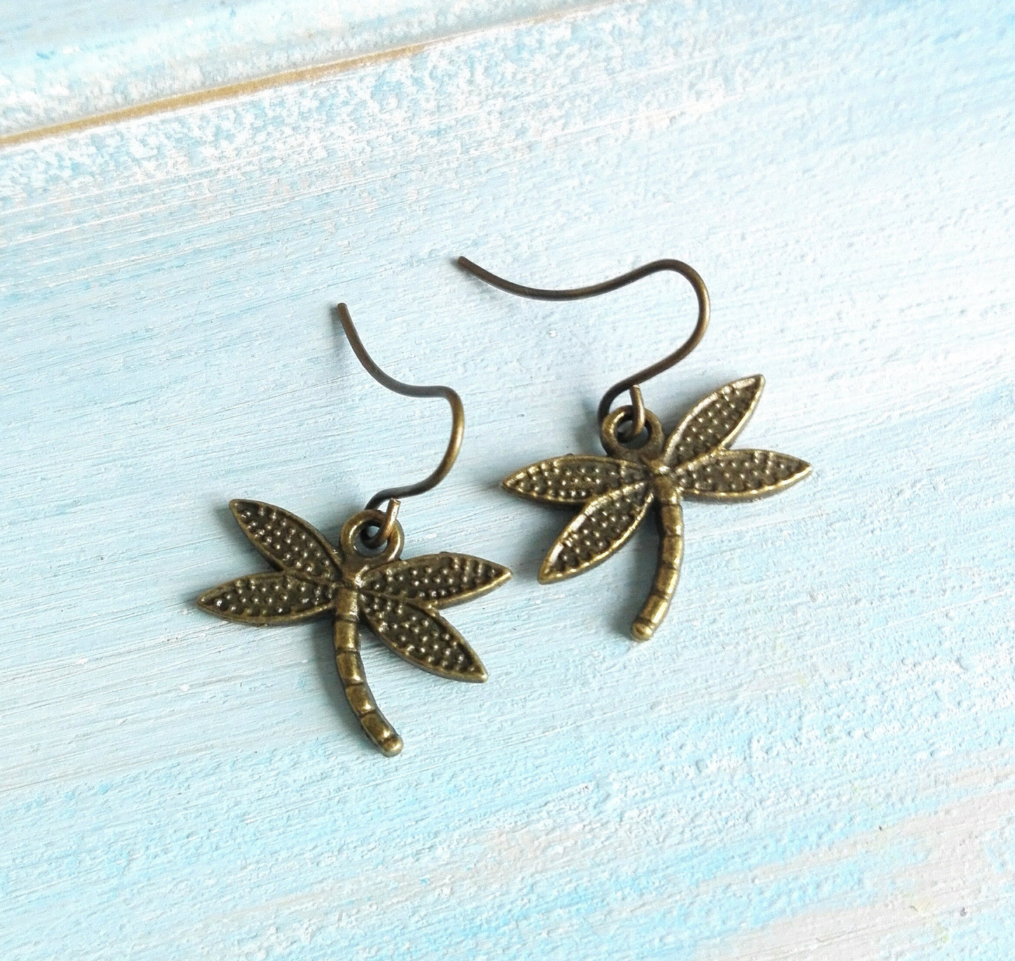 Antique Bronze Dragonfly Charm Pendant On Antique Bronze Brass Small Earring Hooks/Dangle Earrings/Dragonfly Earrings/Woodland Earrings