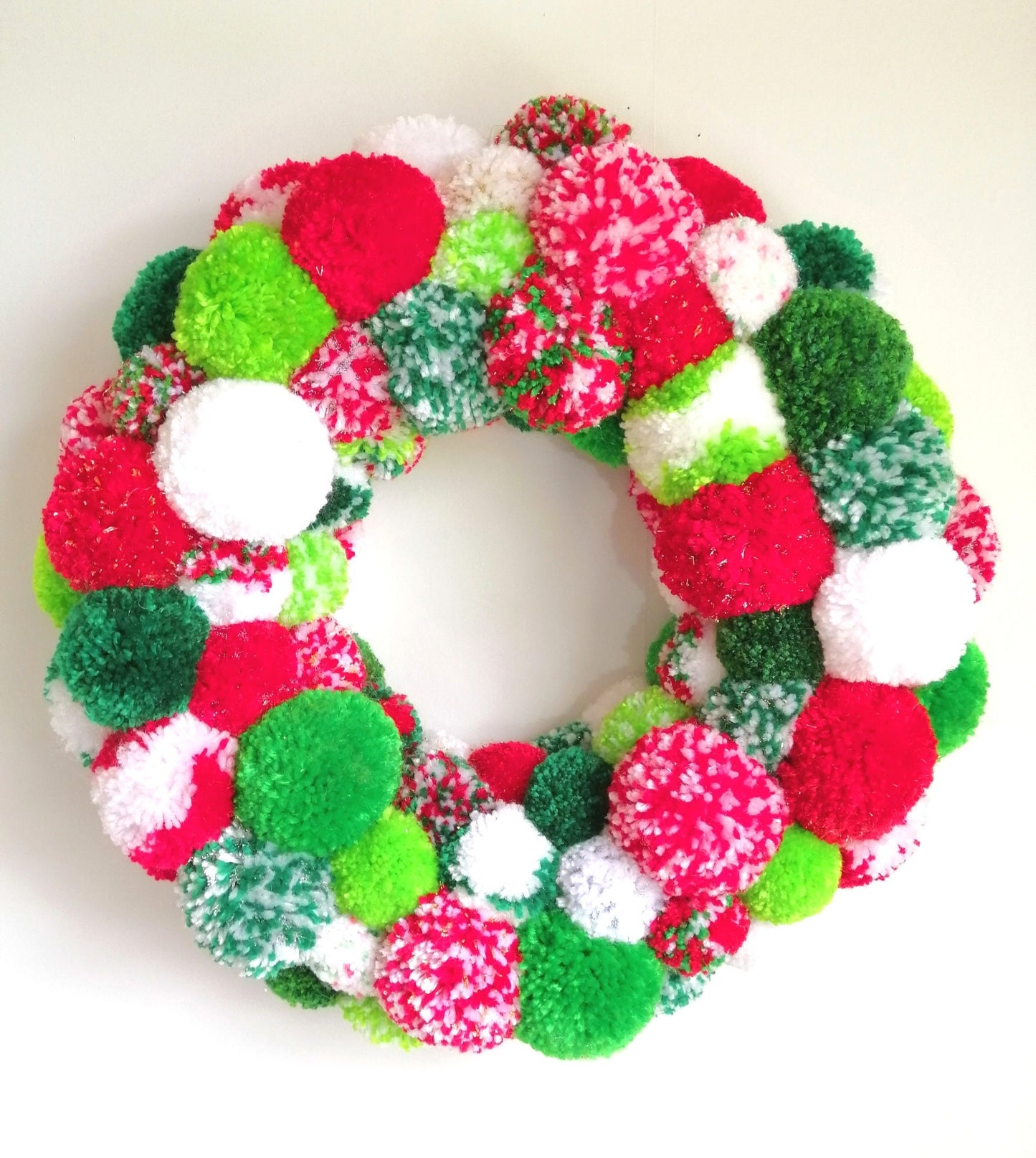 Large Christmas Multi Coloured Yarn Pom Pom Wreath/Party Decor/Christmas Wreath/Home Decor/Wreath/Bohemian Home Decor/Colourful Wreath