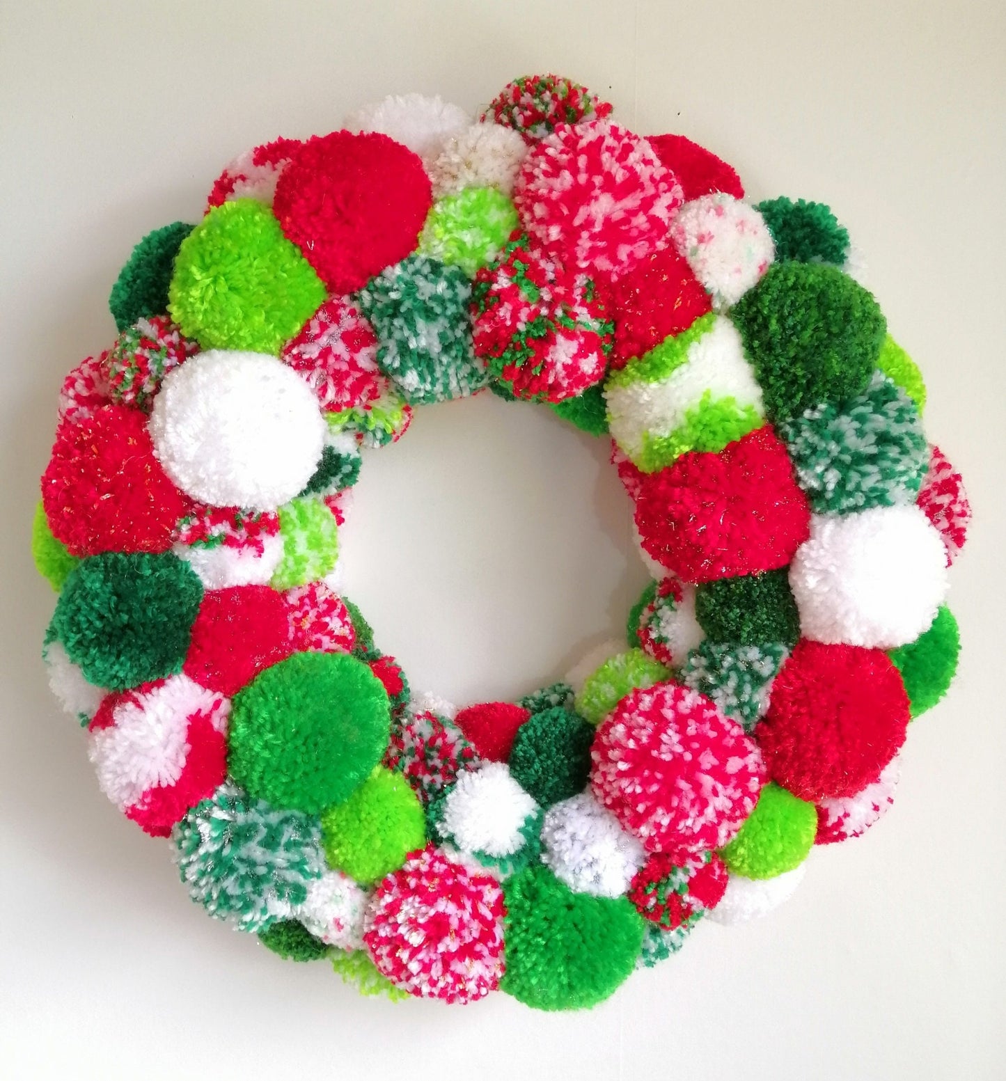 Large Christmas Multi Coloured Yarn Pom Pom Wreath/Party Decor/Christmas Wreath/Home Decor/Wreath/Bohemian Home Decor/Colourful Wreath