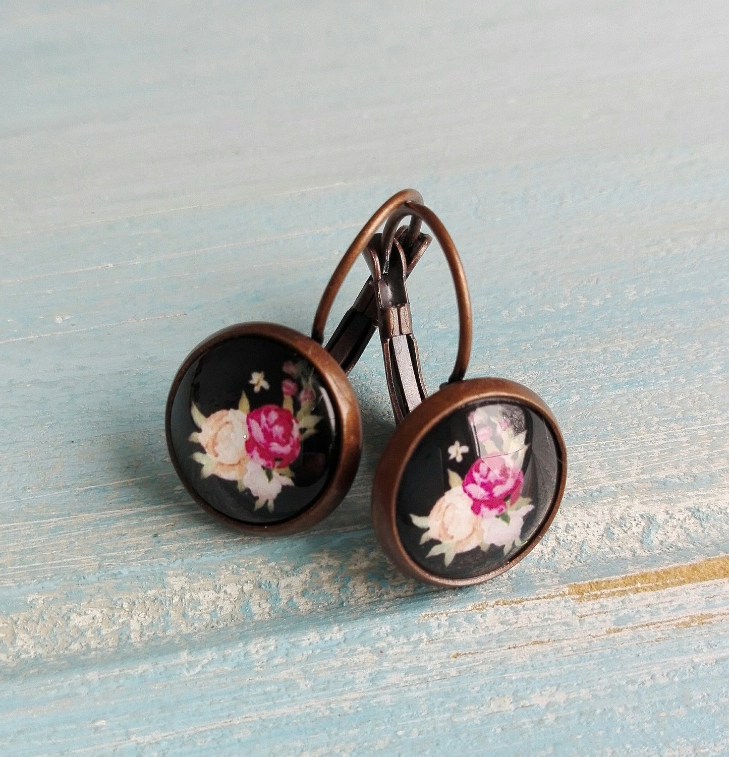 Floral Rose Earrings/Black Floral Earrings/Dangle Earrings/Floral Earrings/Glass Dome Earrings/ Flower Earrings/Bridesmaids Gifts