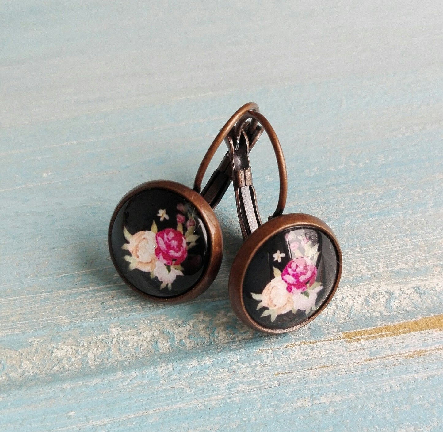 Floral Rose Earrings/Black Floral Earrings/Dangle Earrings/Floral Earrings/Glass Dome Earrings/ Flower Earrings/Bridesmaids Gifts