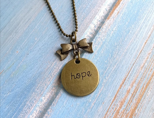 Hope Necklace/Antique Bronze Necklace with Antique Bronze Ribbon Bow Connector & Antique Bronze Hope Engraved Disc Charm/Boho Necklace