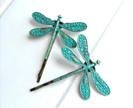 Verdigris/Turquoise Patina Antique Bronze Plated Set of 2 Dragonfly Bobby Pins/Dragonfly Hair Clips/Boho Hair Clips/Wedding Hair Accessories