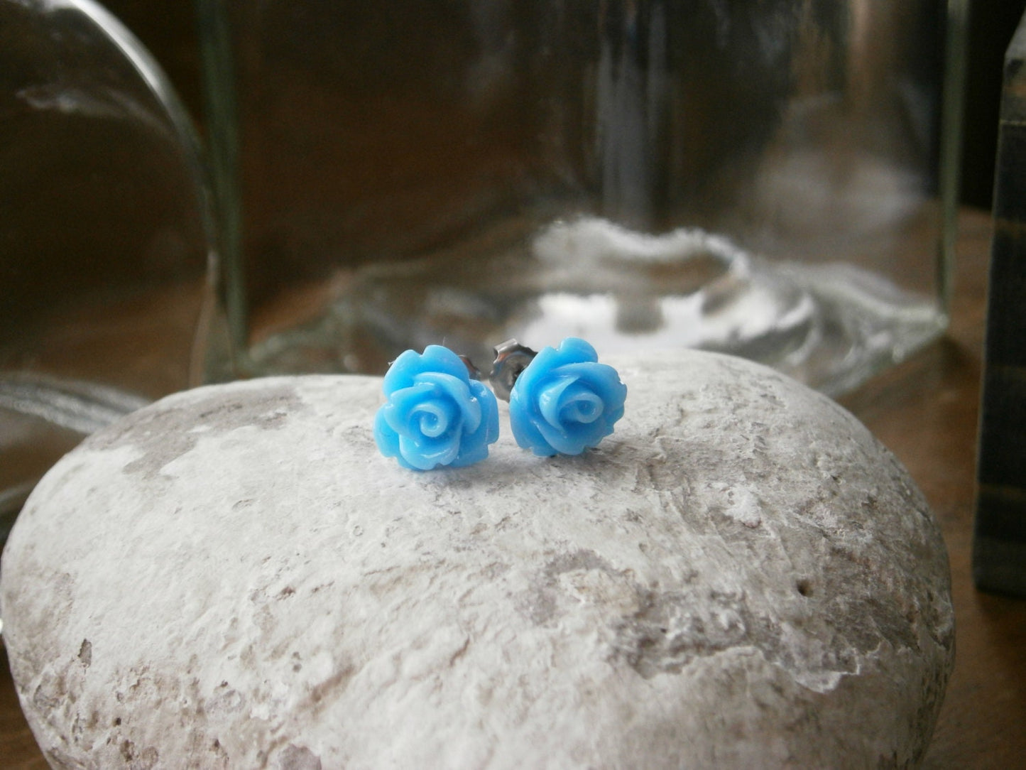 Light Blue 10MM Resin Rose Flowers set on Stainless Steel Hypo Allergenic Earring Posts/Stud Earrings/Blue Rose Earrings.