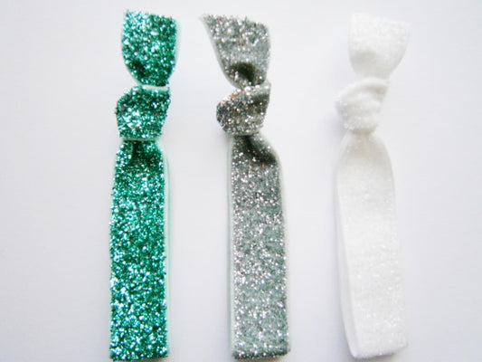 Set of 3 Glitter Hair Tie Package by Crimson Rose Cottage - Turquoise, Silver and White Glitter Hair Ties that Double as Bracelets