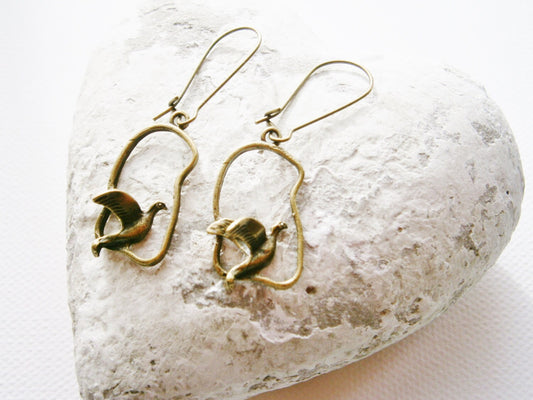 Antique Bronze Bird Charm On Antique Bronze Kidney Wire Earring Hooks/Dangle Earrings/Boho Earrings