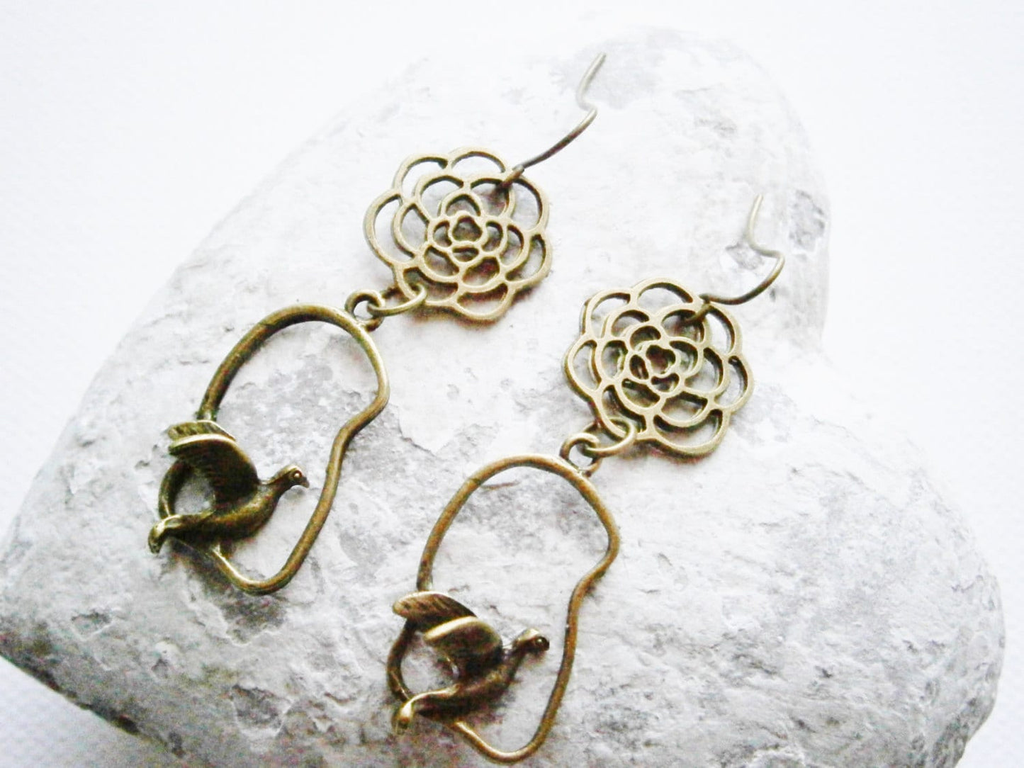 Antique Bronze Filigree Flower and Bird Charm Earring Hooks/Boho Earrings/Nature Earrings/Dangle Earrings