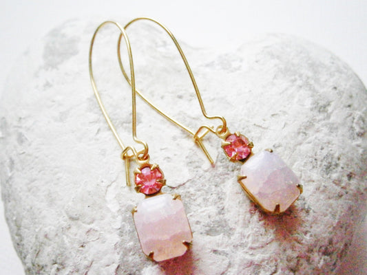 Vintage Crackle Rose Pink Glass Stone and Rose Pink Swarovski Crystal set in Brass Prong Setting On Gilt Kidney Wire Earring Hooks.