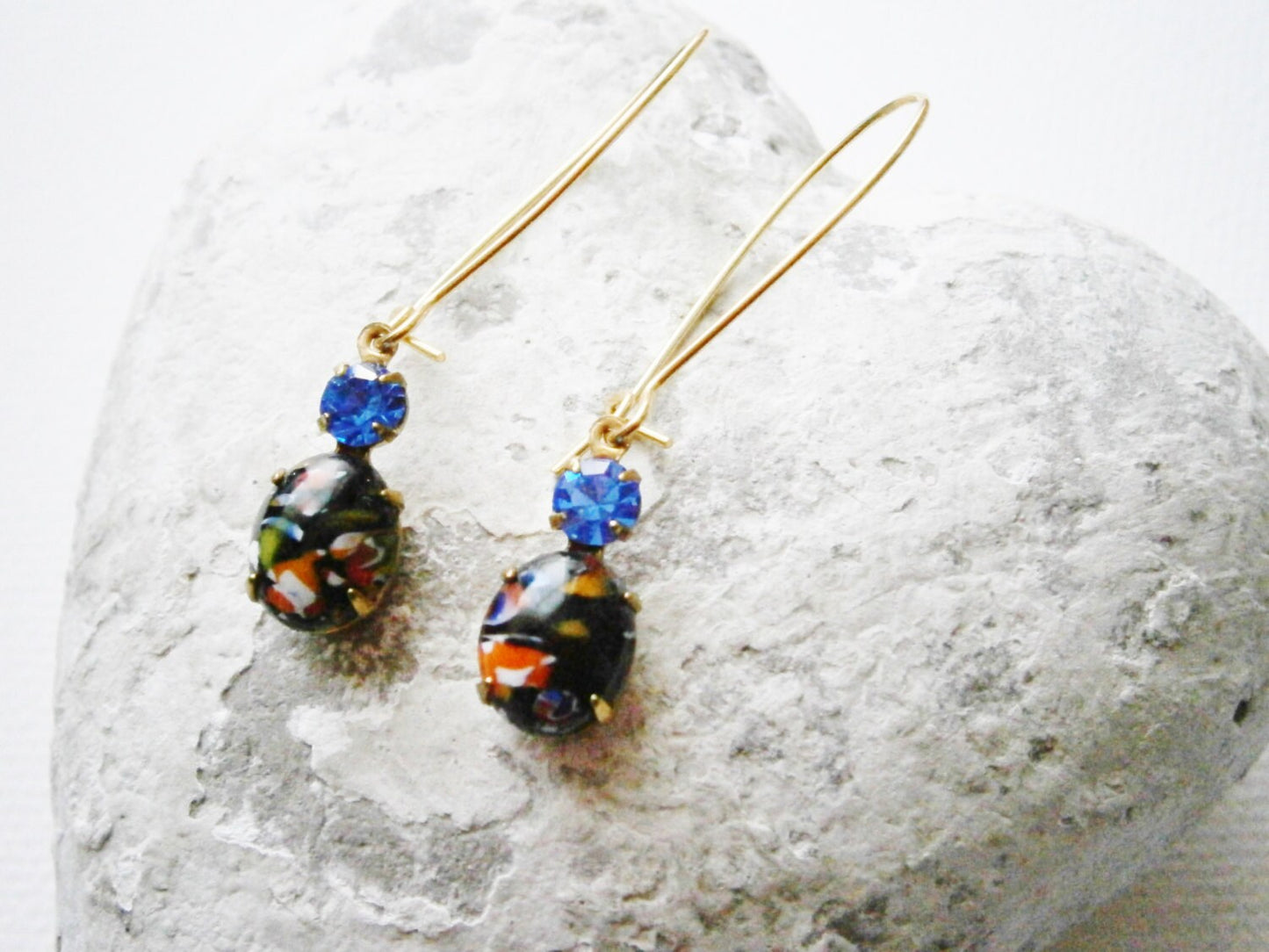 Vintage Glass Millefiori Black Oval Stone and Sapphire Glass Stone set in Brass Prong Setting On Gilt Kidney Wire Earring Hooks.