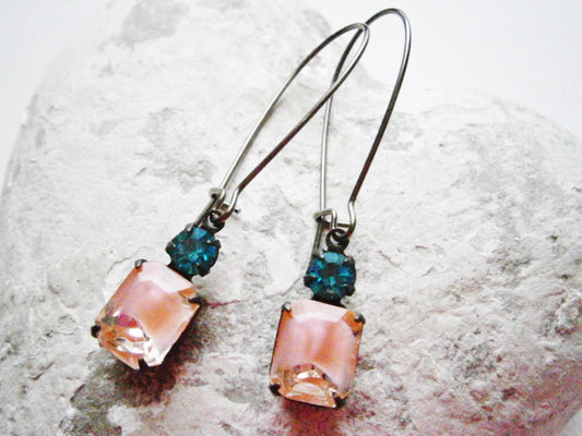 Vintage Pink Givre Glass Stone and Zircon Blue Swarovski Crystal in Black Brass Setting On Gunmetal Black Kidney Wire Hooks/Dangle Earrings