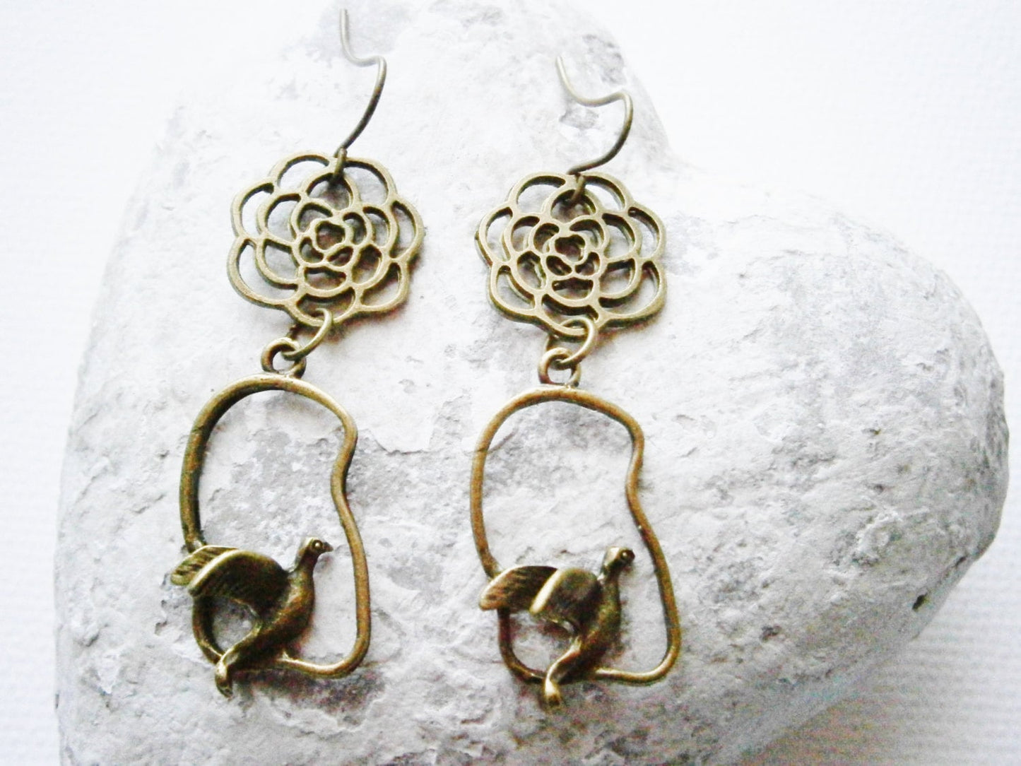 Antique Bronze Filigree Flower and Bird Charm Earring Hooks/Boho Earrings/Nature Earrings/Dangle Earrings