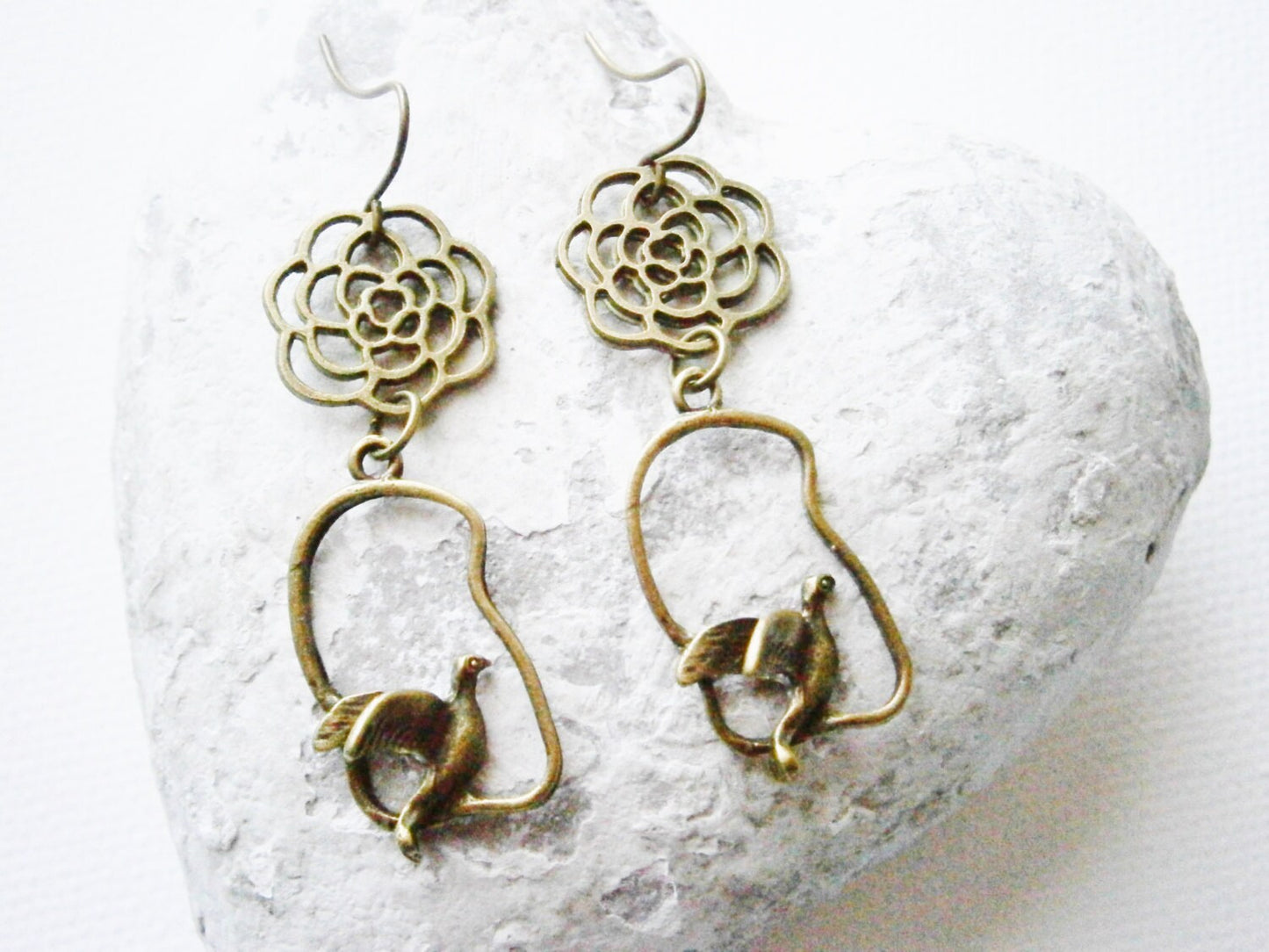 Antique Bronze Filigree Flower and Bird Charm Earring Hooks/Boho Earrings/Nature Earrings/Dangle Earrings