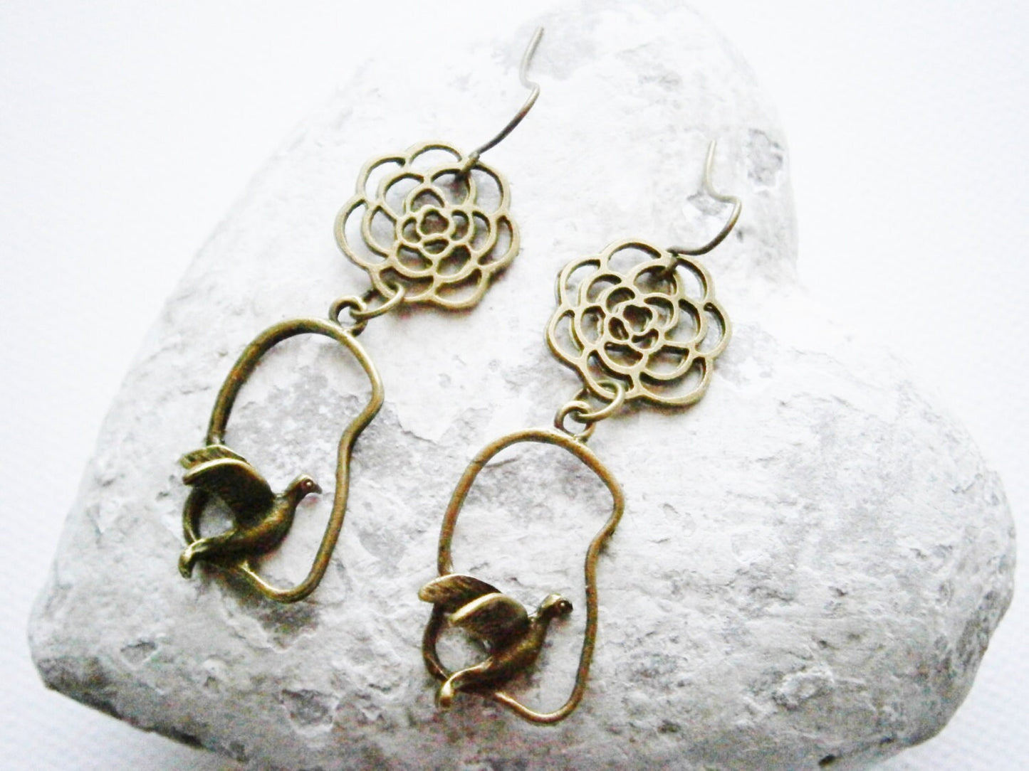 Antique Bronze Filigree Flower and Bird Charm Earring Hooks/Boho Earrings/Nature Earrings/Dangle Earrings