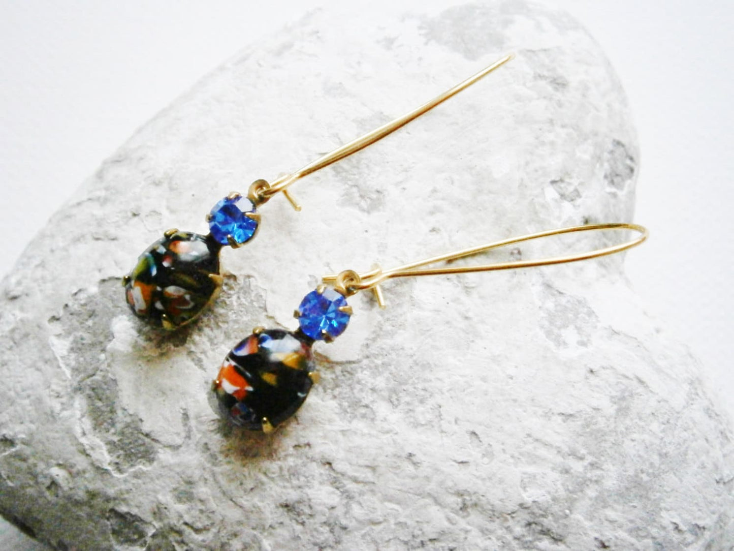 Vintage Glass Millefiori Black Oval Stone and Sapphire Glass Stone set in Brass Prong Setting On Gilt Kidney Wire Earring Hooks.