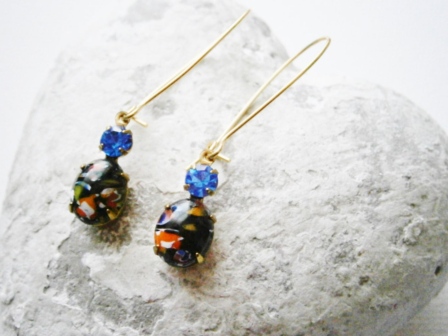 Vintage Glass Millefiori Black Oval Stone and Sapphire Glass Stone set in Brass Prong Setting On Gilt Kidney Wire Earring Hooks.