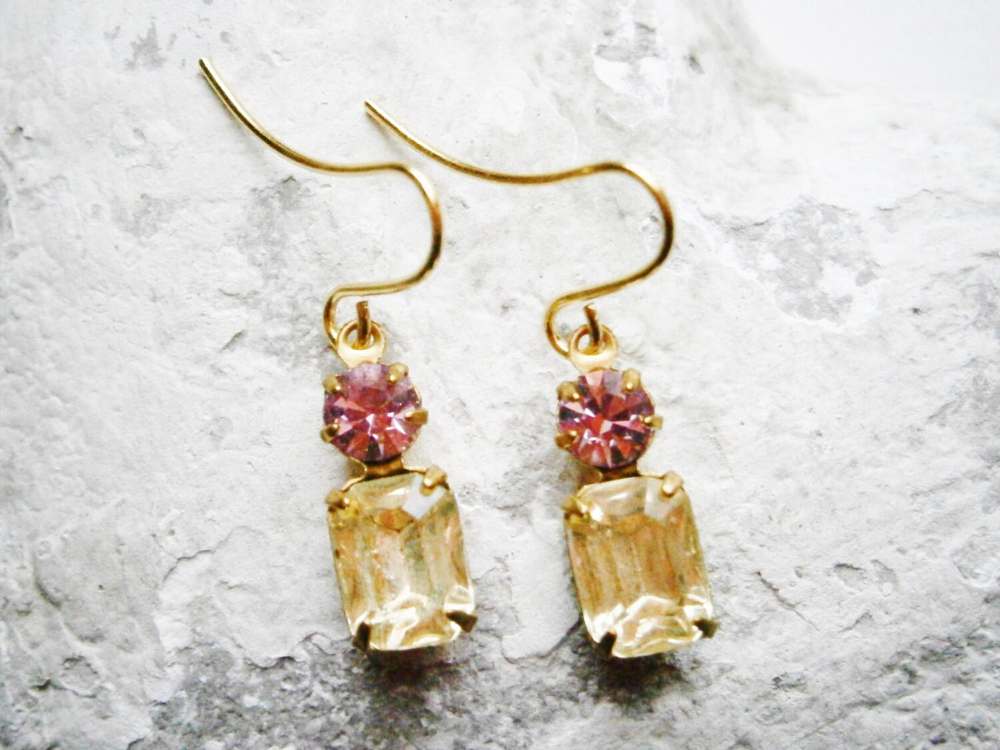 Vintage Glass Octagon Stone Jonquil & Swarovski Crystal Light Amethyst set in Brass Setting On Gilt Plated Earring Hooks/Dangle Earrings