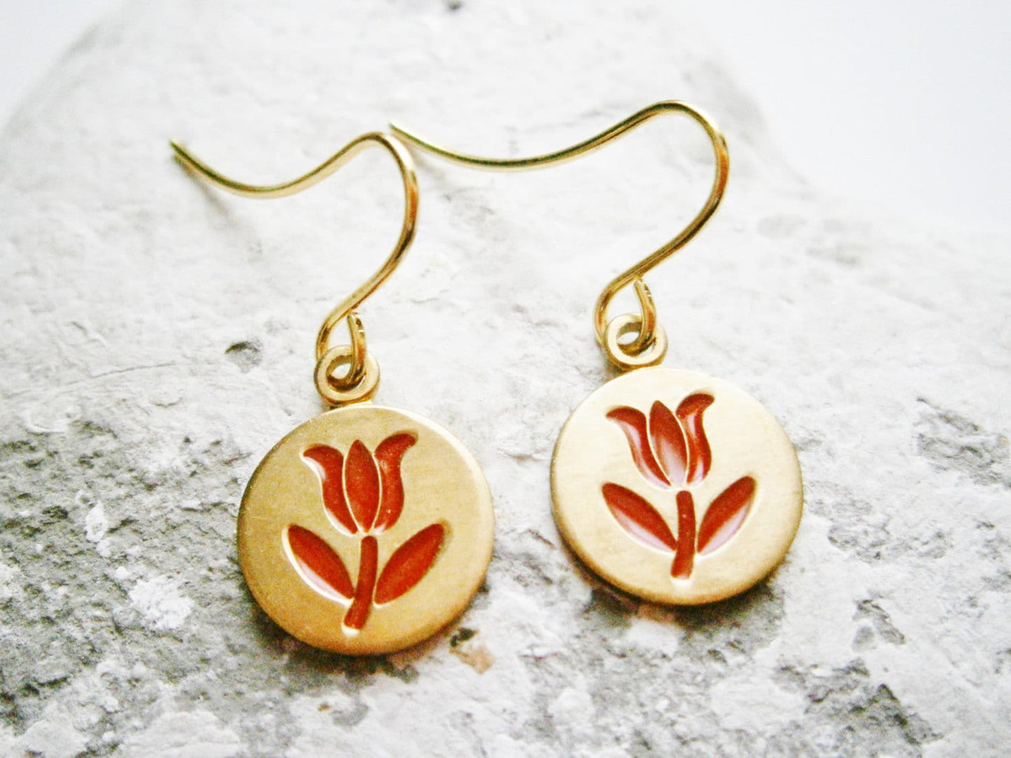 Vintage Style Red Tulip Brass Disc Charm Pendant On Gilt Plated French Earring Hooks/Red Flower Earrings/Dangle Earrings.