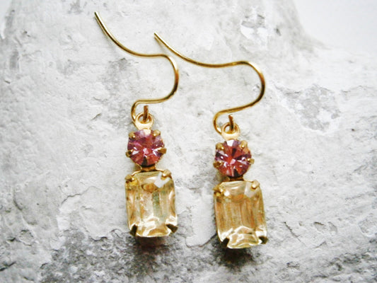 Vintage Glass Octagon Stone Jonquil & Swarovski Crystal Light Amethyst set in Brass Setting On Gilt Plated Earring Hooks/Dangle Earrings