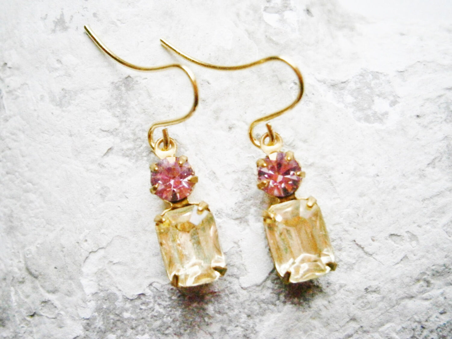 Vintage Glass Octagon Stone Jonquil & Swarovski Crystal Light Amethyst set in Brass Setting On Gilt Plated Earring Hooks/Dangle Earrings