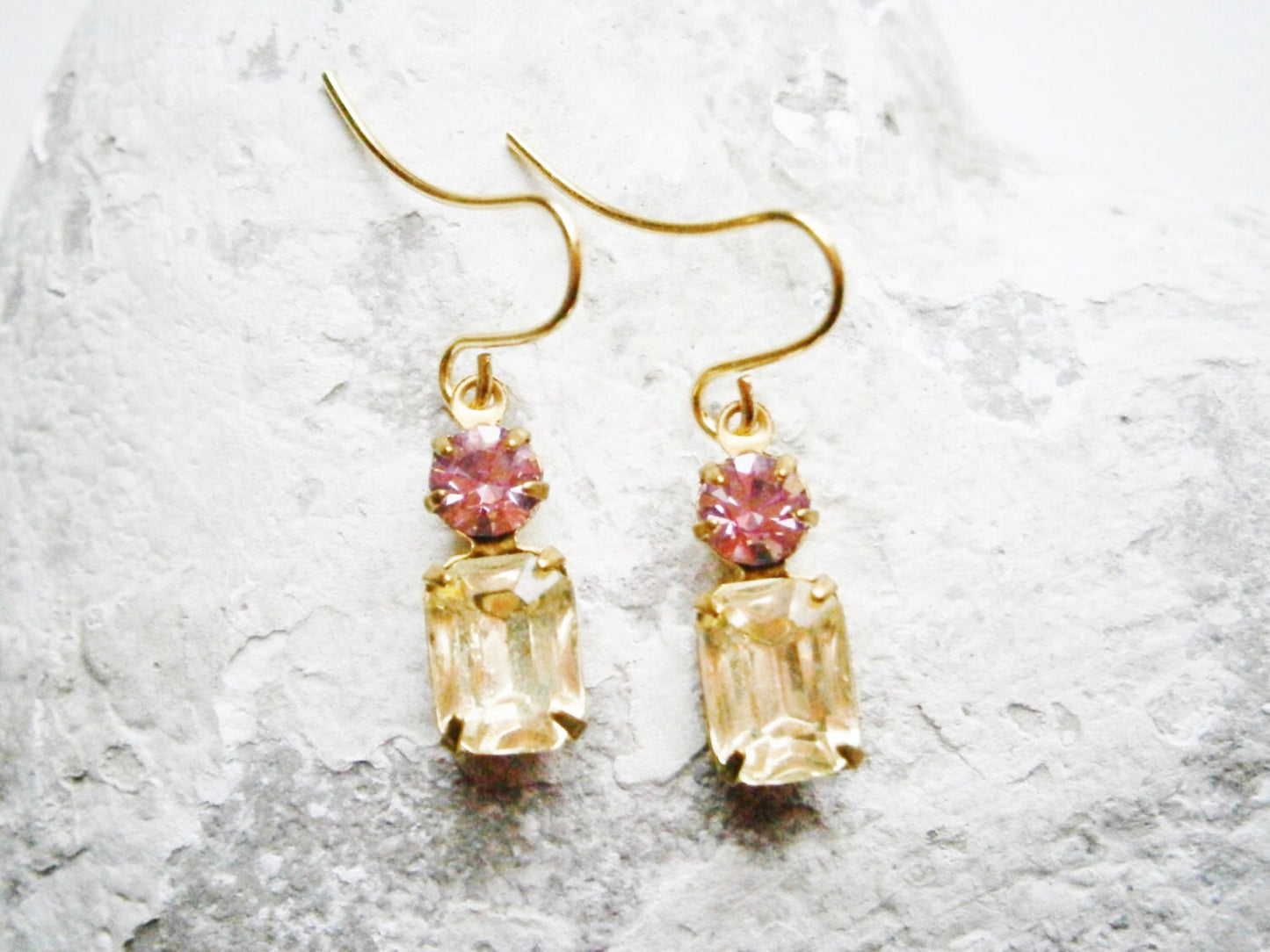 Vintage Glass Octagon Stone Jonquil & Swarovski Crystal Light Amethyst set in Brass Setting On Gilt Plated Earring Hooks/Dangle Earrings