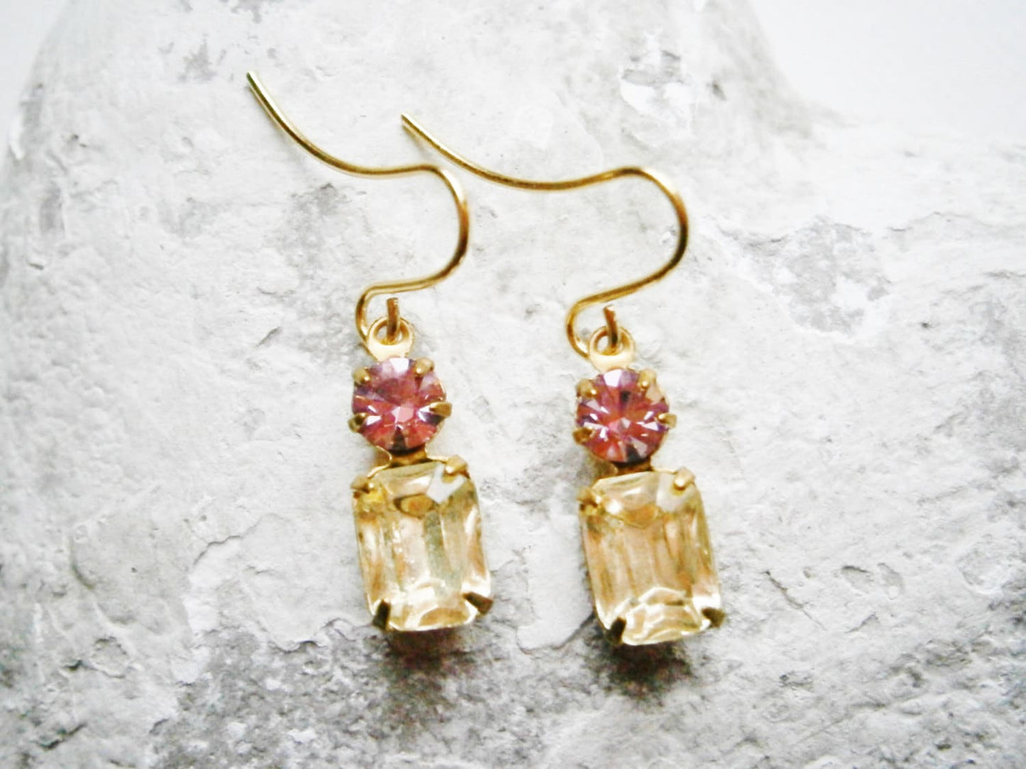 Vintage Glass Octagon Stone Jonquil & Swarovski Crystal Light Amethyst set in Brass Setting On Gilt Plated Earring Hooks/Dangle Earrings