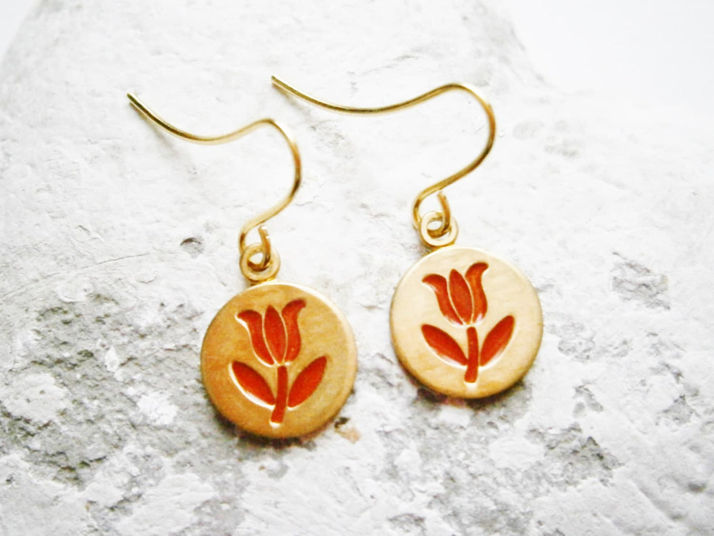 Vintage Style Red Tulip Brass Disc Charm Pendant On Gilt Plated French Earring Hooks/Red Flower Earrings/Dangle Earrings.