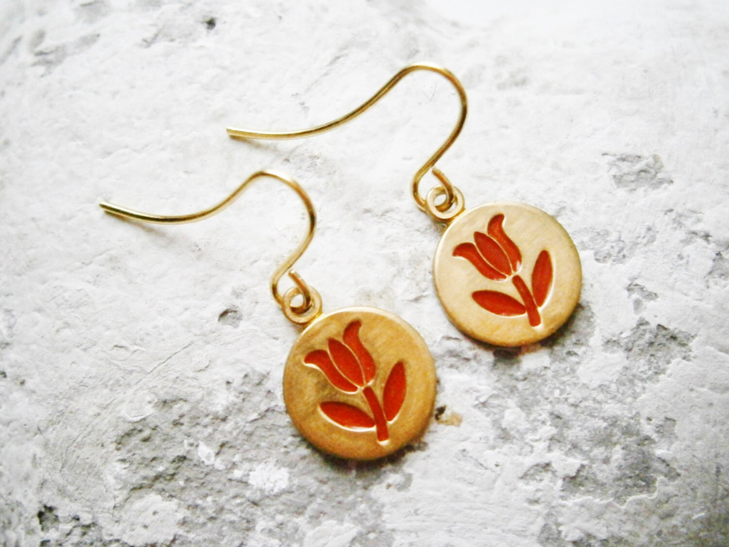 Vintage Style Red Tulip Brass Disc Charm Pendant On Gilt Plated French Earring Hooks/Red Flower Earrings/Dangle Earrings.