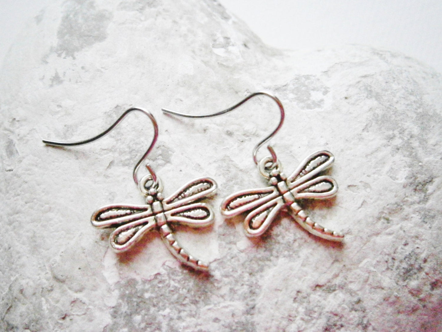 Antique Silver Dragonfly Charm Pendant On Small Silver Earring Hooks/Dangle Earrings/Dragonfly Earrings/Nature Earrings.