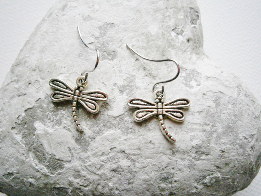 Antique Silver Dragonfly Charm Pendant On Small Silver Earring Hooks/Dangle Earrings/Dragonfly Earrings/Nature Earrings.