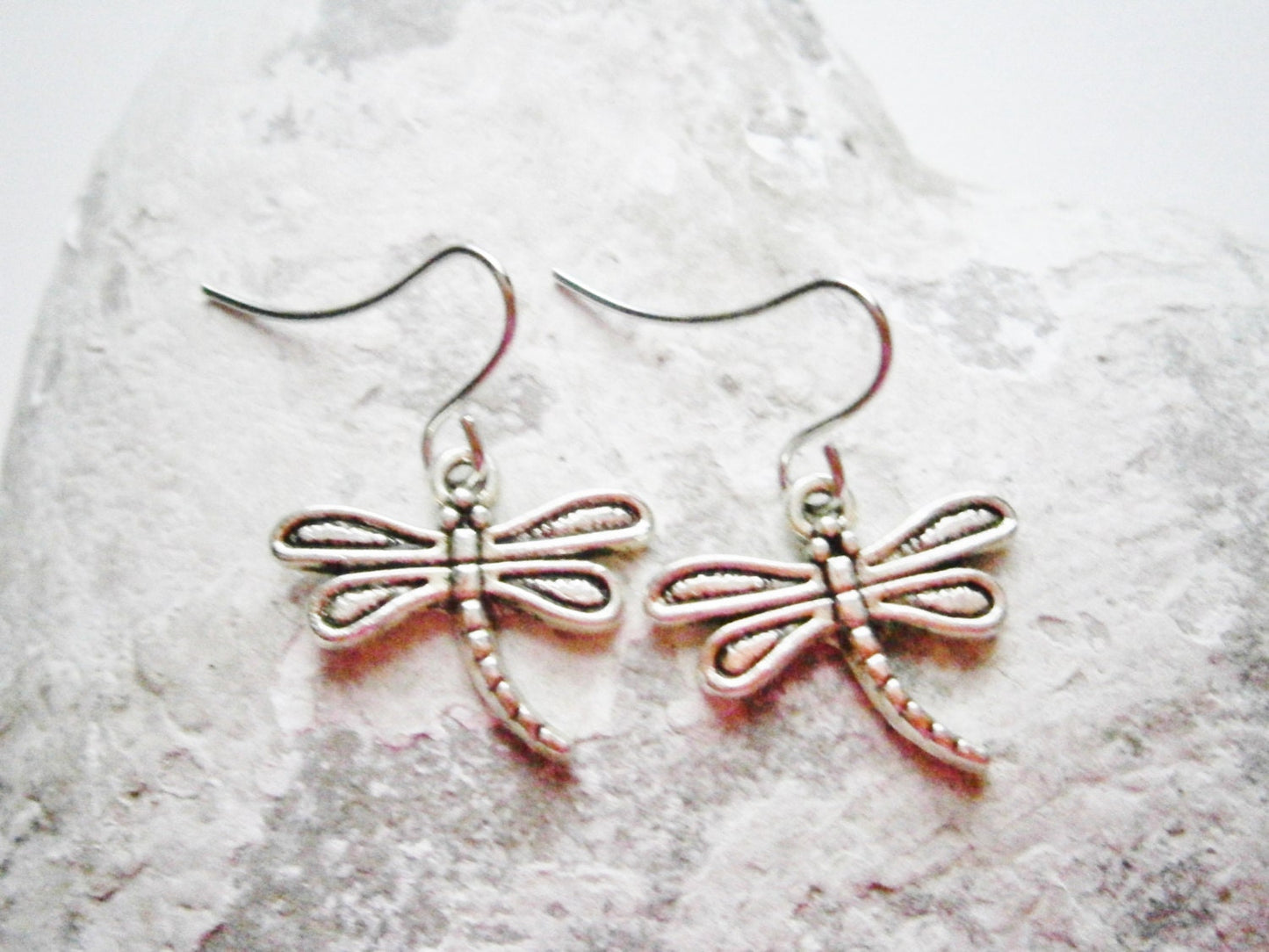 Antique Silver Dragonfly Charm Pendant On Small Silver Earring Hooks/Dangle Earrings/Dragonfly Earrings/Nature Earrings.