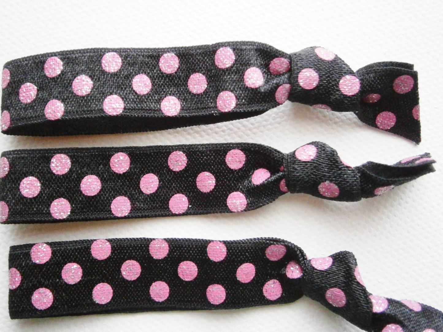 Glitz & Glam - Set of 3 Black with Pink Glitter Polka Dots Hair Ties by Crimson Rose Cottage/Boho Elastic Hair Tie/Boho Soft Bracelet