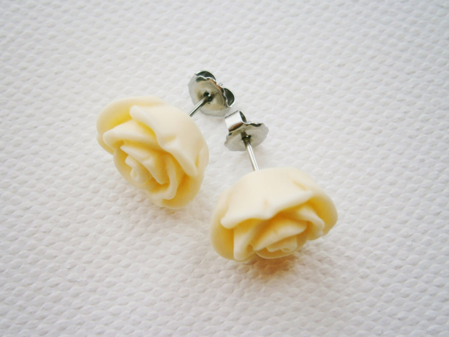 Cream 13mm Resin Rose Flowers set on Stainless Steel Hypo Allergenic Earring Posts/Stud Earrings.