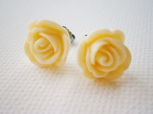 Cream 13mm Resin Rose Flowers set on Stainless Steel Hypo Allergenic Earring Posts/Stud Earrings.