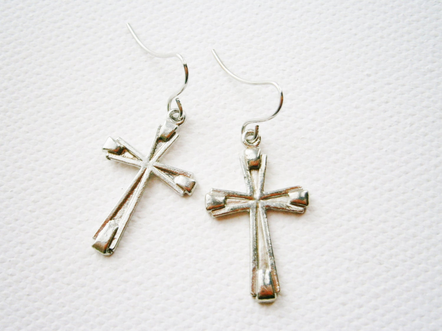 Antique Silver Cross Hanging on Small Silver Earring Hook/Dangle Earrings/Silver Cross Earrings