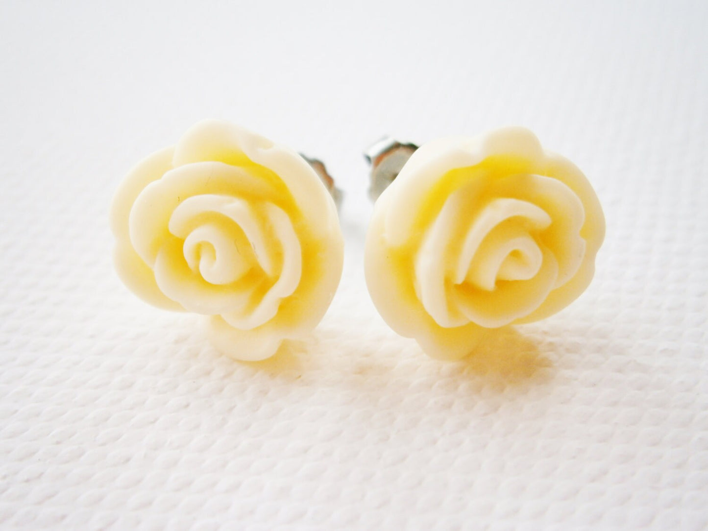 Cream 13mm Resin Rose Flowers set on Stainless Steel Hypo Allergenic Earring Posts/Stud Earrings.