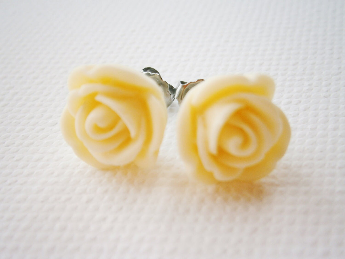 Cream 13mm Resin Rose Flowers set on Stainless Steel Hypo Allergenic Earring Posts/Stud Earrings.