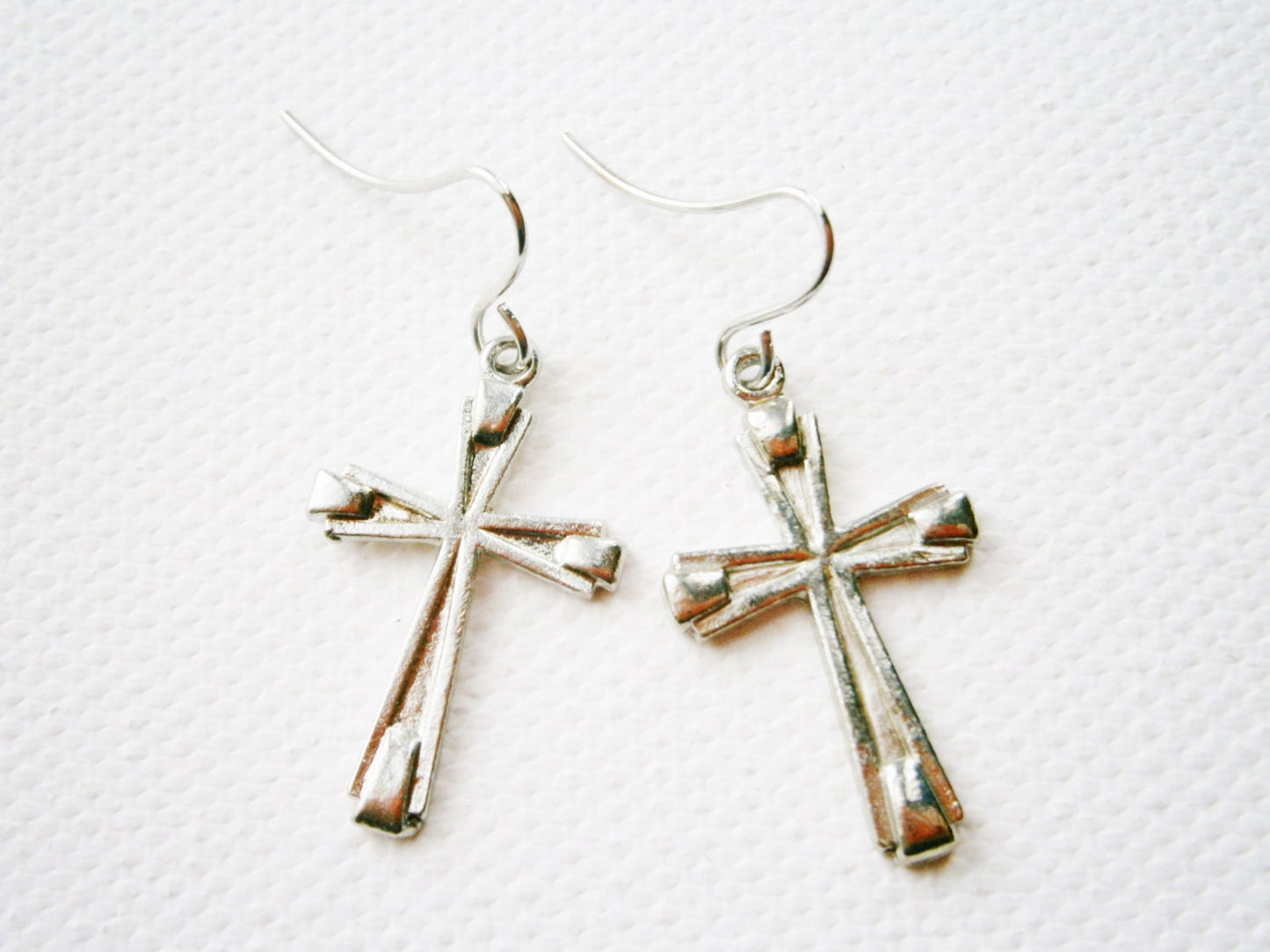 Antique Silver Cross Hanging on Small Silver Earring Hook/Dangle Earrings/Silver Cross Earrings