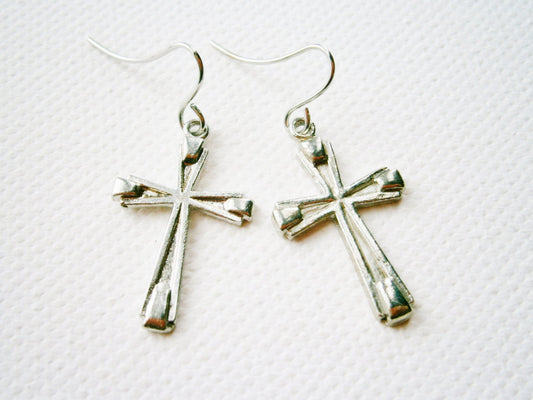 Antique Silver Cross Hanging on Small Silver Earring Hook/Dangle Earrings/Silver Cross Earrings