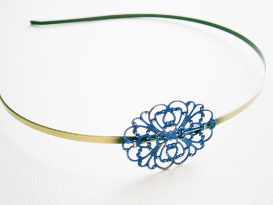 Cobalt Blue Patina Filigree Headband - Hair Accessory, Bridesmaid Gift, Family Pictures, Stocking Stuffer