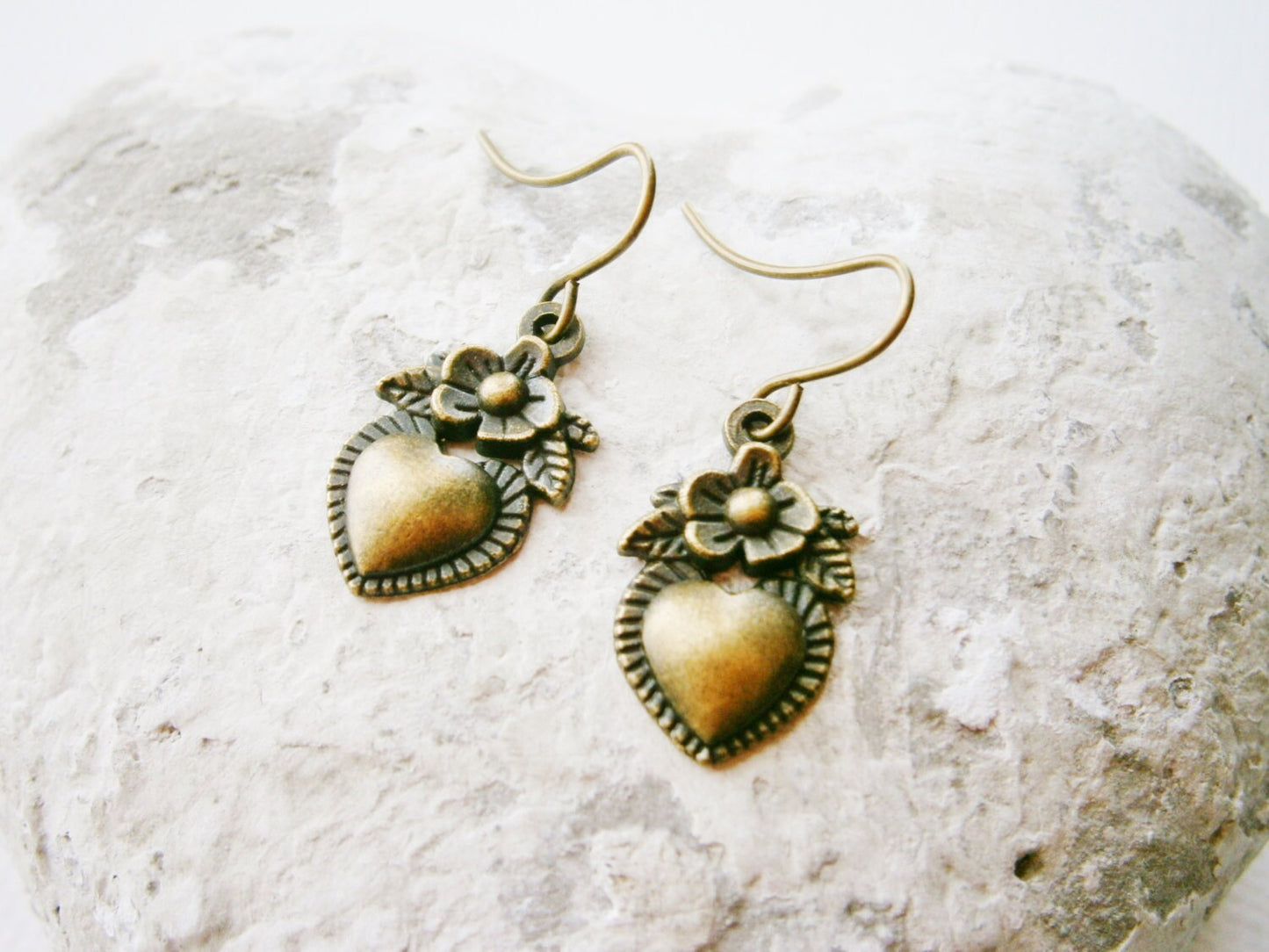 Small Antique Bronze Victorian Style Flower Heart Charm On Antique Bronze French Earring Hooks/Dangle Earrings.