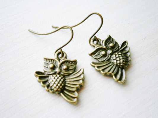 Antique Bronze Owl Charm On Antique Bronze French Earring Hooks/Dangle Earrings/Nature Earrings/Woodland Earrings.