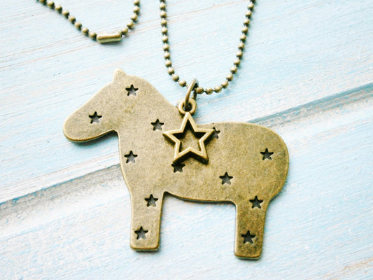 Antique Bronze Horse Necklace with Small Filigree Star Charm/Boho Necklace/Girls Necklace/Star Necklace/Animal Necklace/Horse Necklace