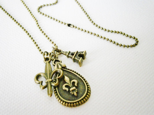 Antique Bronze Fleur de Lis Teardrop Necklace with Small Filigree Fleur de Lis and Tiny Eiffel Tower Charms/Boho Necklace/Paris Necklace