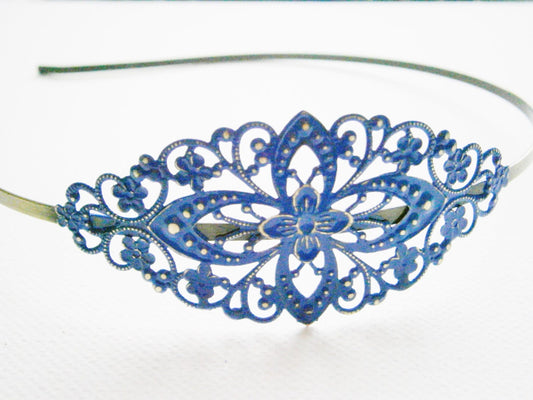 Lapis Blue Patina Filigree Headband - Hair Accessory, Bridesmaid Gift, Family Pictures, Stocking Stuffer