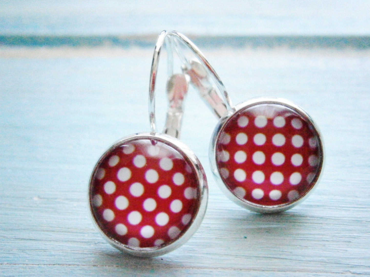 Hot Pink Polka Dot Pattern Earrings/Pink and White Patterned Earrings/Dangle Earrings/Pink Earrings/Glass Dome Earrings/Polka Dot Earrings