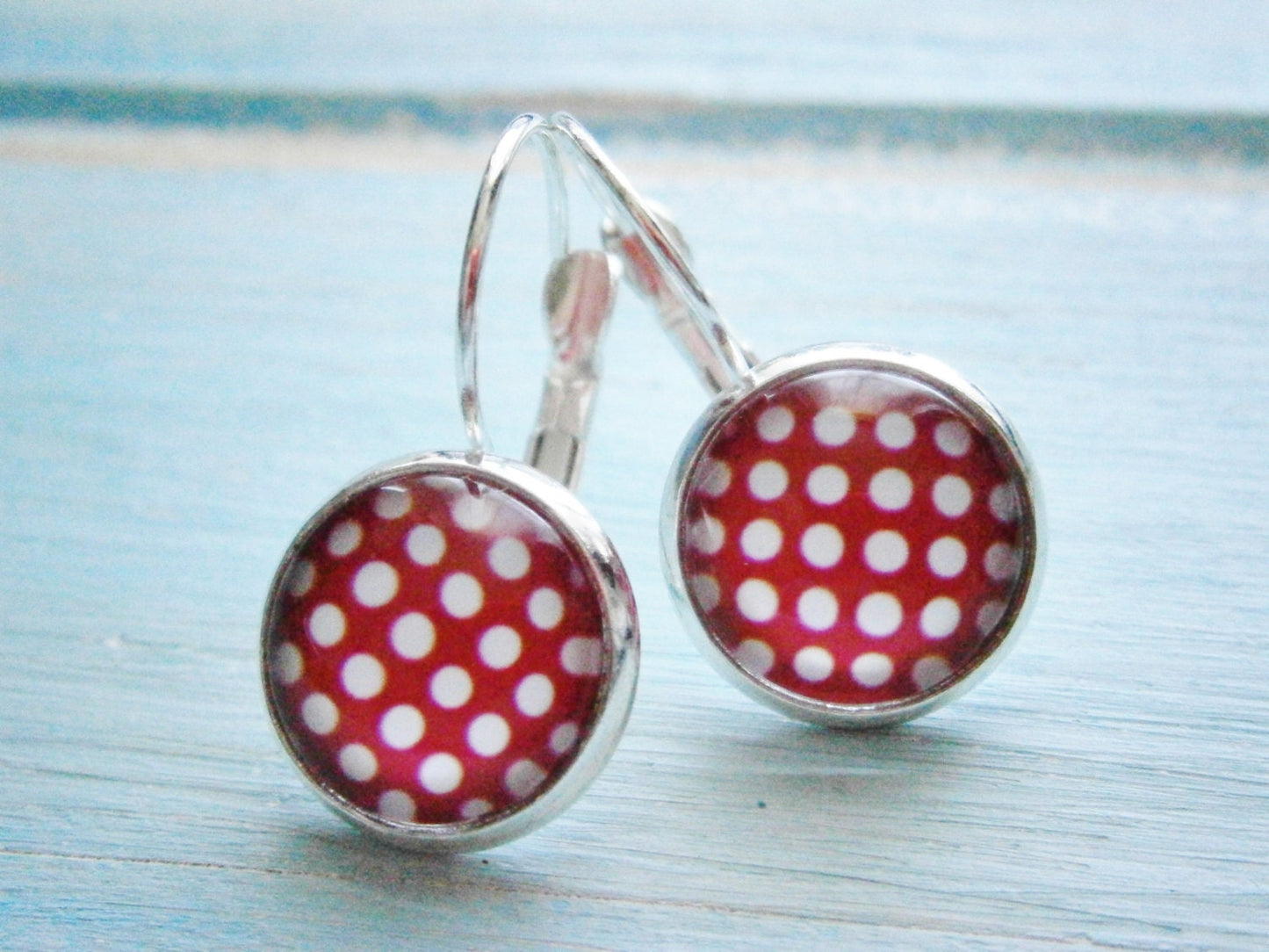 Hot Pink Polka Dot Pattern Earrings/Pink and White Patterned Earrings/Dangle Earrings/Pink Earrings/Glass Dome Earrings/Polka Dot Earrings