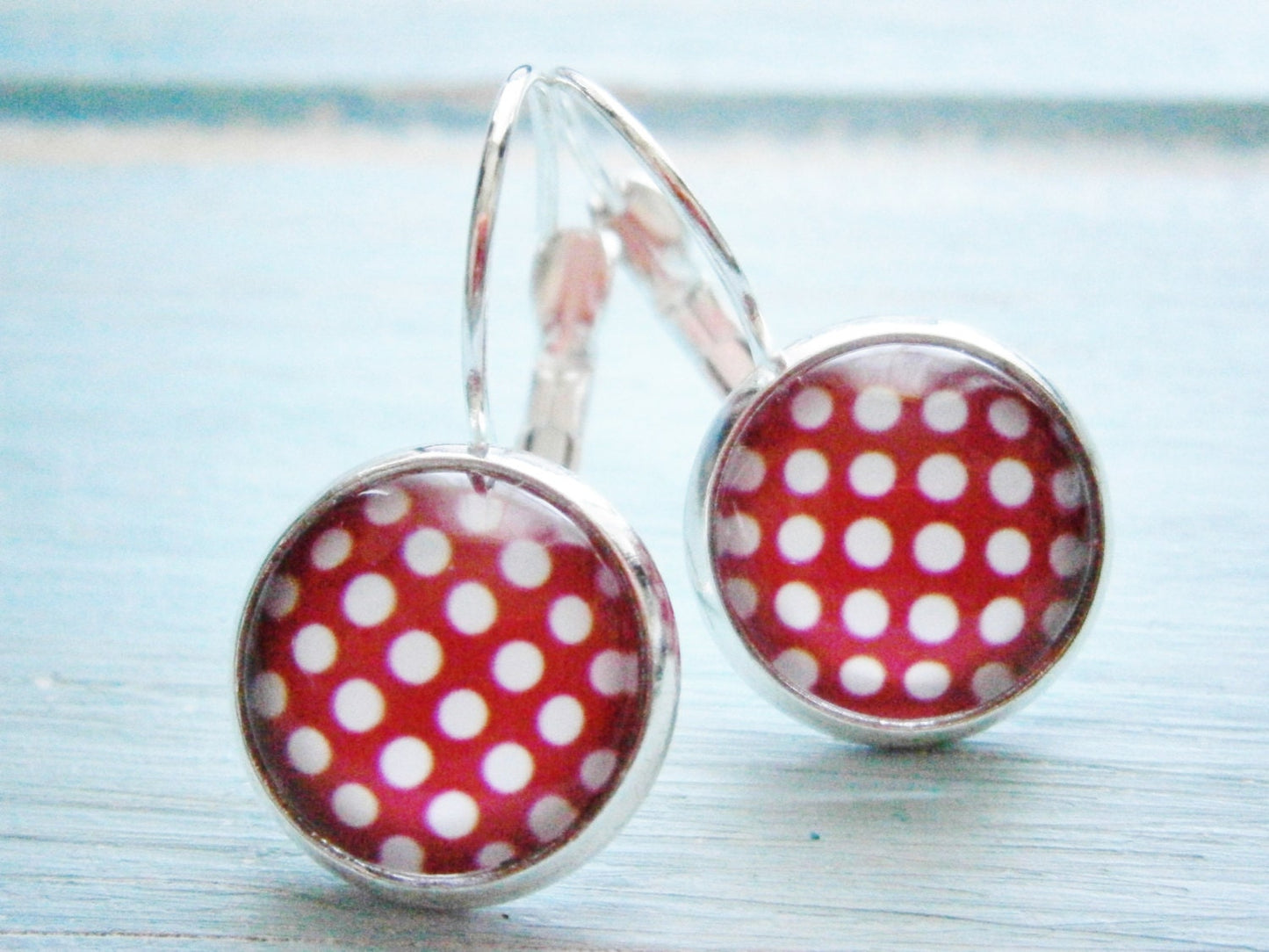 Hot Pink Polka Dot Pattern Earrings/Pink and White Patterned Earrings/Dangle Earrings/Pink Earrings/Glass Dome Earrings/Polka Dot Earrings