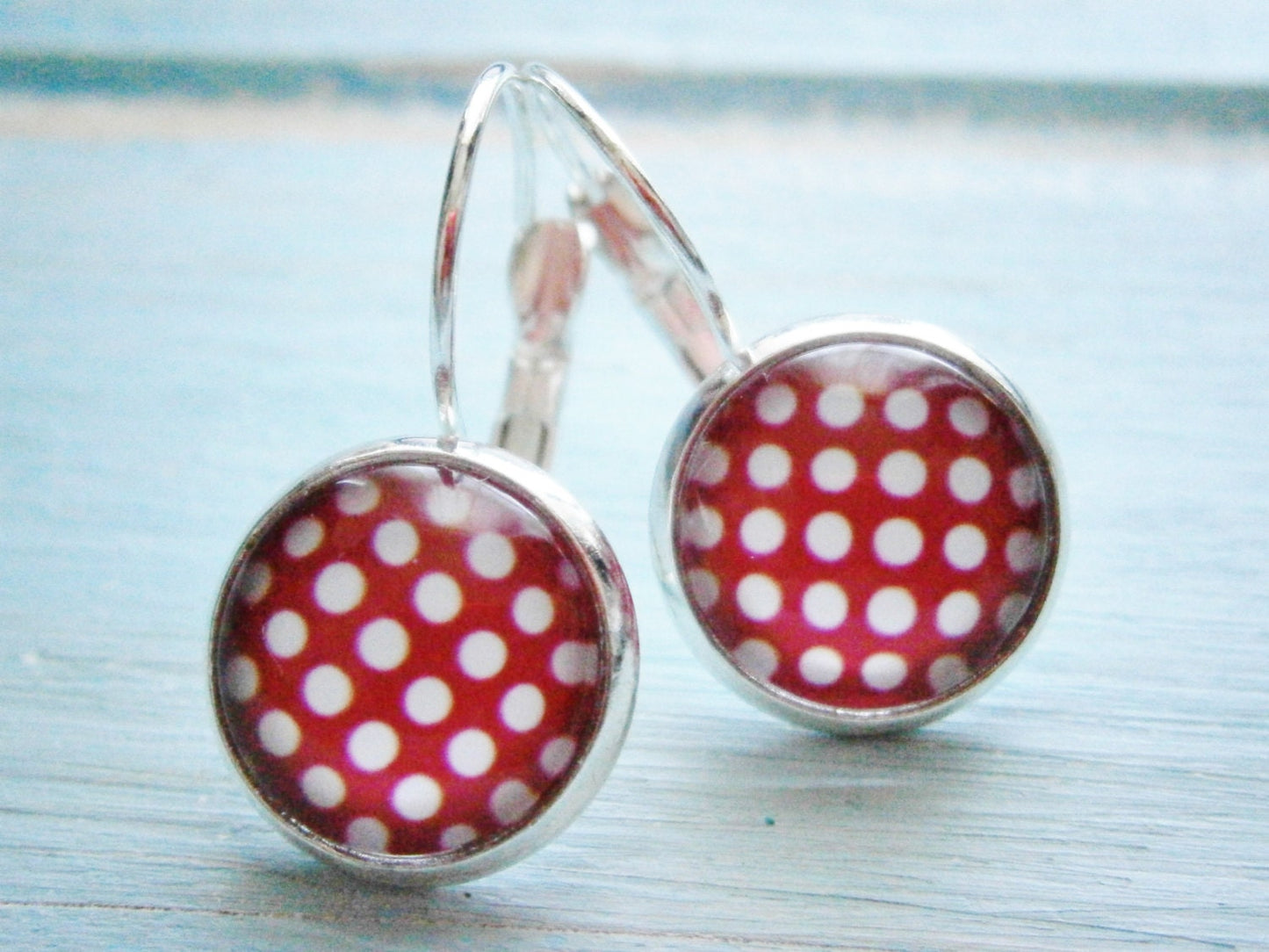 Hot Pink Polka Dot Pattern Earrings/Pink and White Patterned Earrings/Dangle Earrings/Pink Earrings/Glass Dome Earrings/Polka Dot Earrings